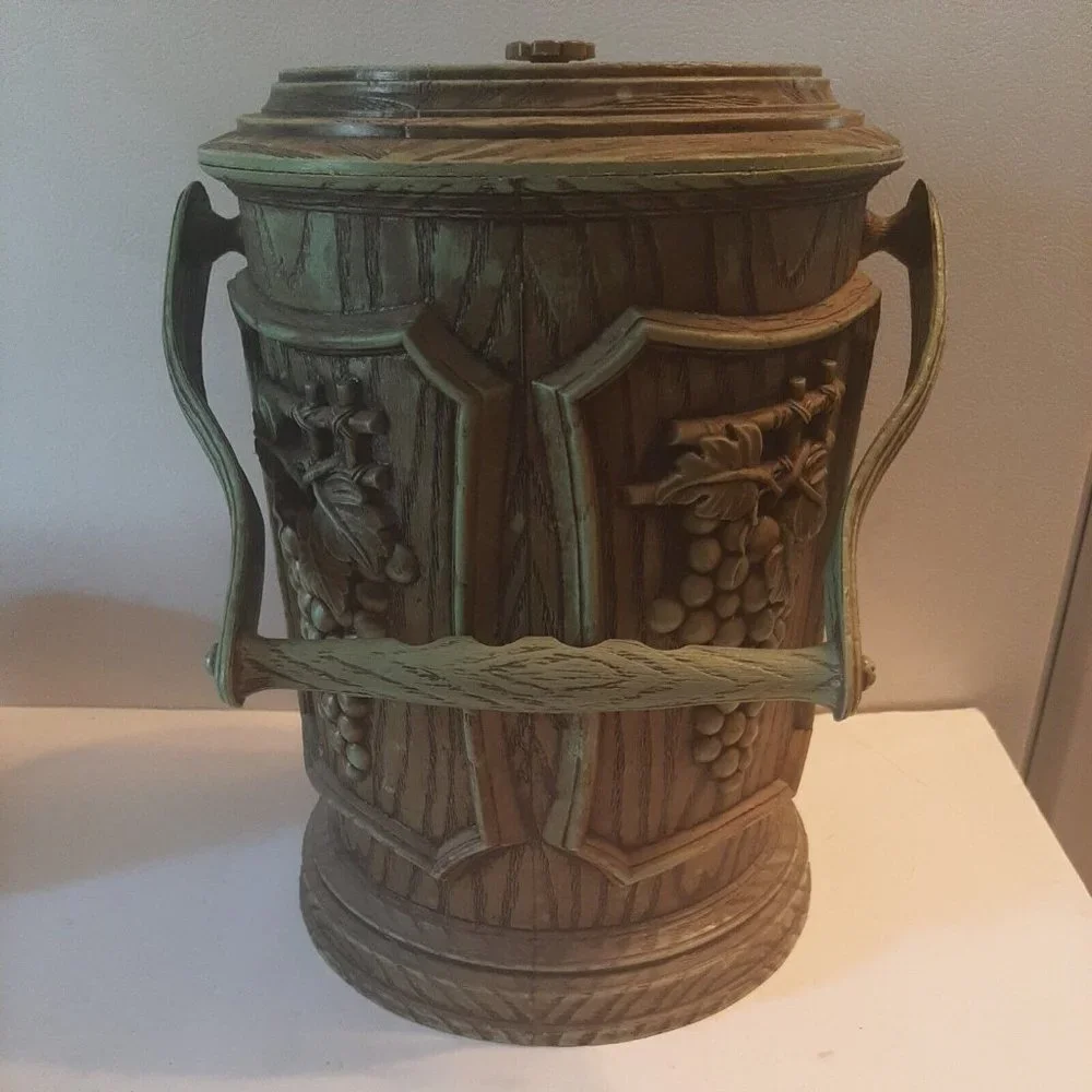 Vintage Ice Bucket Grapes Faux Wood Grain Green with Handle Molded Plastic